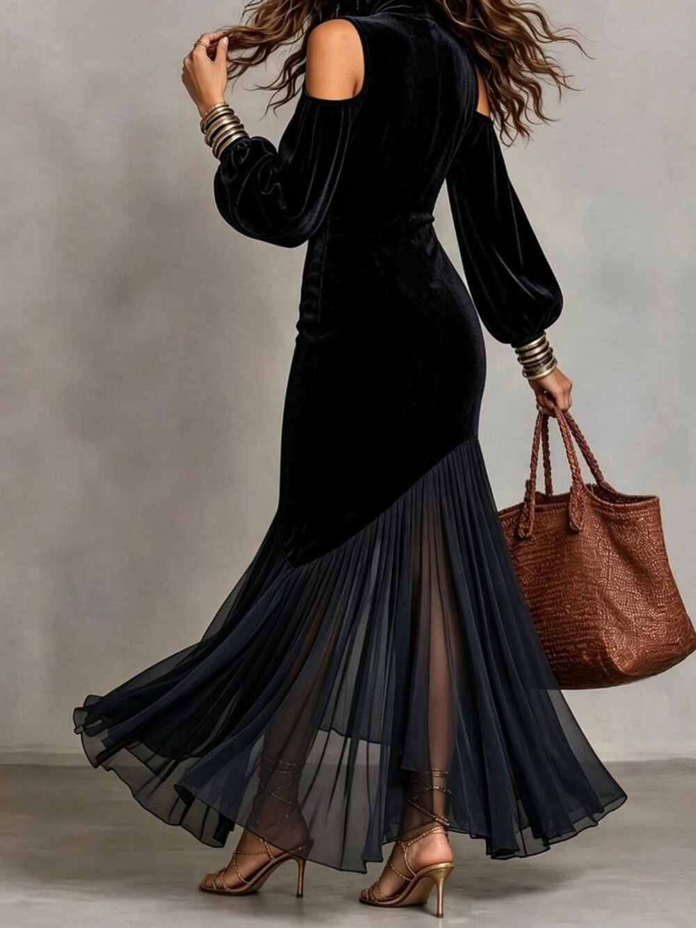 Black Chic Women's Open Shoulder Puff Chiffon Asymmetrical Fishtail Dress - Picture 2 of 6